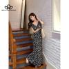 Spring Summer New French Style Rose Floral Black Printed Dress Long Ruffled V-Neck Flying Sleeve Long Dress