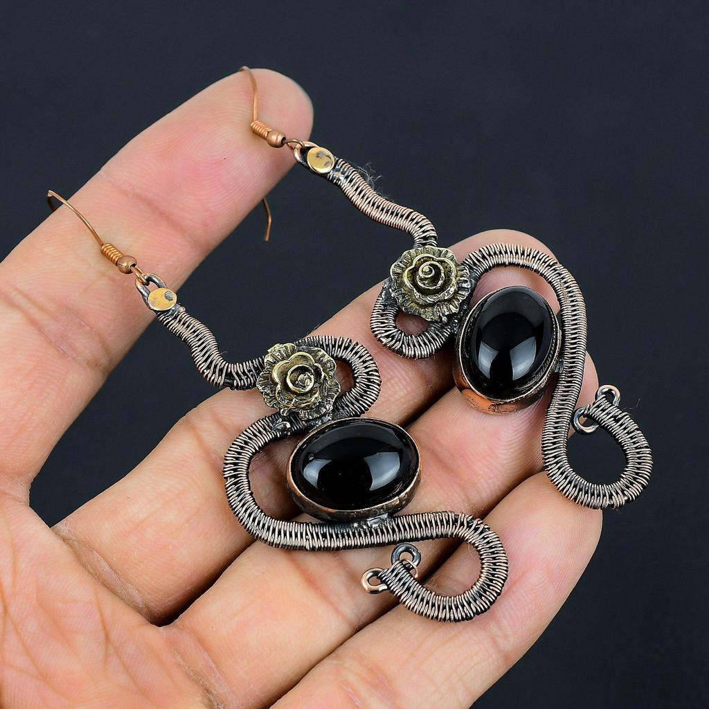 Schwarzer Onyx 999 Kupferdraht umwickelte Ohrringe, Handgefertigter Edelstein-Ohrschmuck, Geschenke für Ehefrau Brandneue Ohrringe