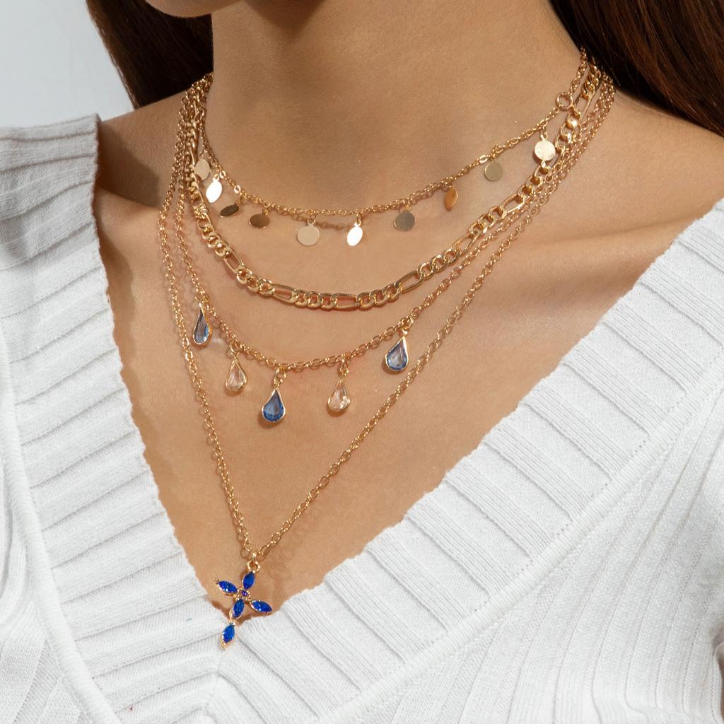 Vintage Bohemian Turquoise Beaded Multi-layer Necklace, Simple Geometric Disc Fringed Four-layer Necklace for Women