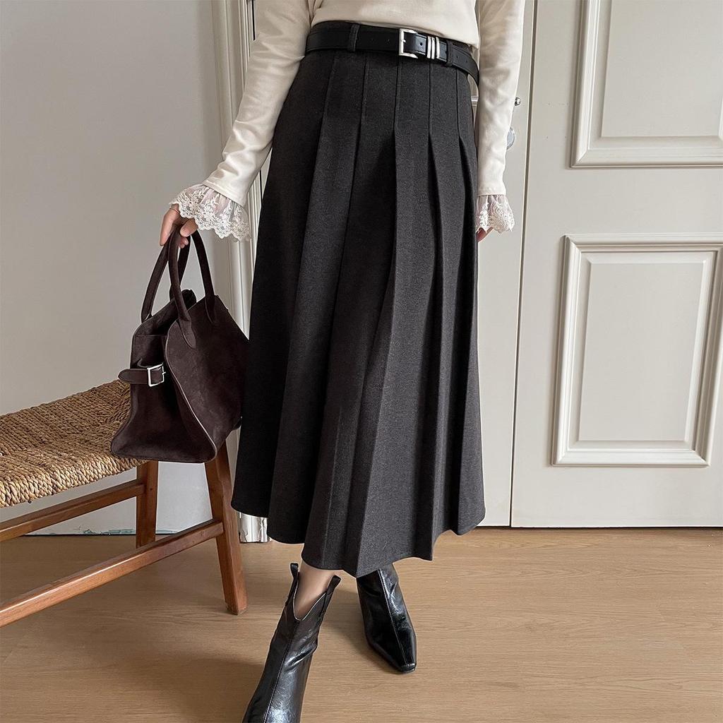 Lizhiqi Women's Woolen A-Line Pleated Midi Skirt - 2024 Winter Collection, High Waist, Slimming Fit