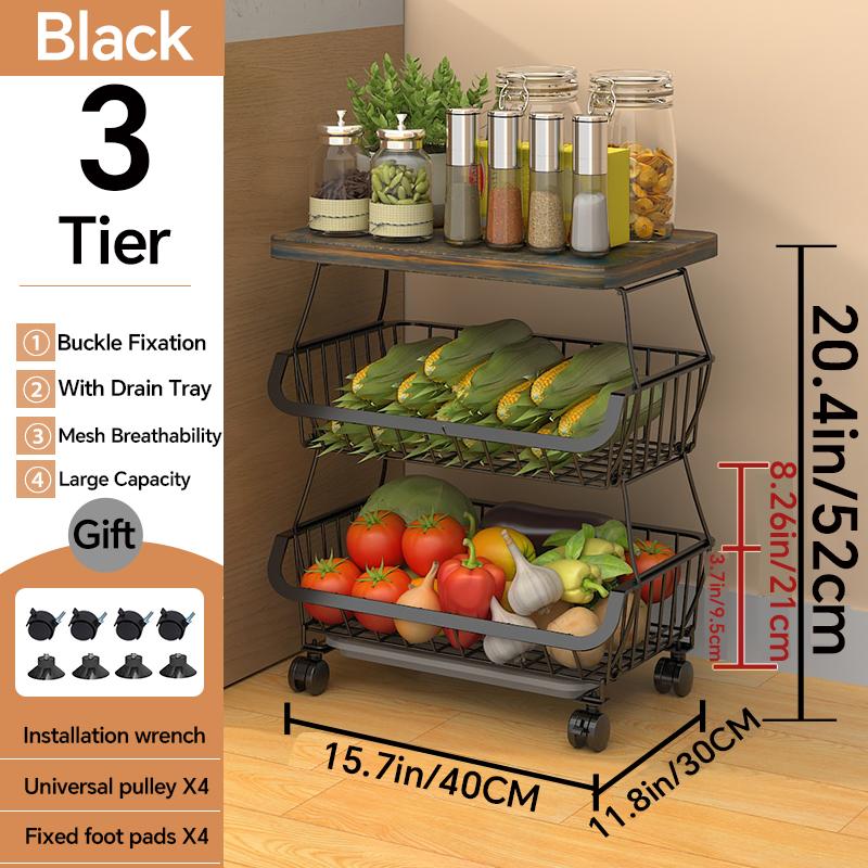 

Корзина для фруктов с деревянной крышкой для кухни, 3-х уровневое проволочное хранилище для фруктов и овощей, контейнеры для хранения продуктов, стеллажная тележка для кладовой