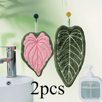 2pcs Coral Fleece Hand Towels ,Plant Leaf Design,Hanging Convenient ,Strong Absorbency and Quick Drying,Cute and Soft ,Kitchen Bathroom Hand Towels