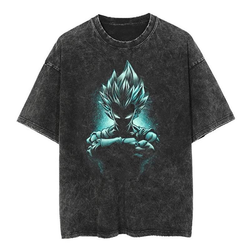 T-shirt a maniche corte lavata effetto invecchiato Giapponese Classico Dragon Ball Goku Cartone Animato Anime Oversize High Street Vintage Uomo e Donna