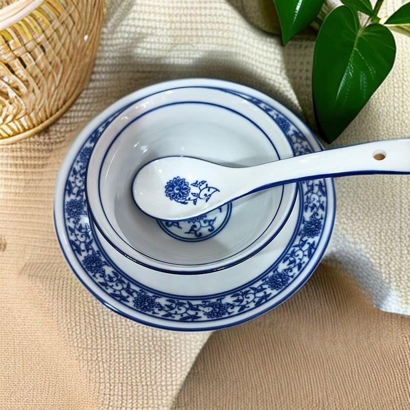 Blue & White Ceramic Tableware Set: Large 4-Piece with Rice and Small Soup Bowls, Plates for Farmhouse Dining.