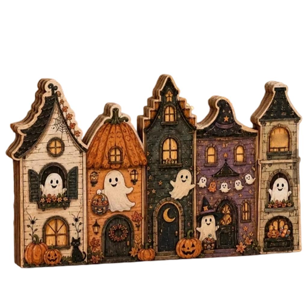 2D Wooden Tabletop House Village Halloween Decor - Vintage Town Scene for Desk Shelf Mantel