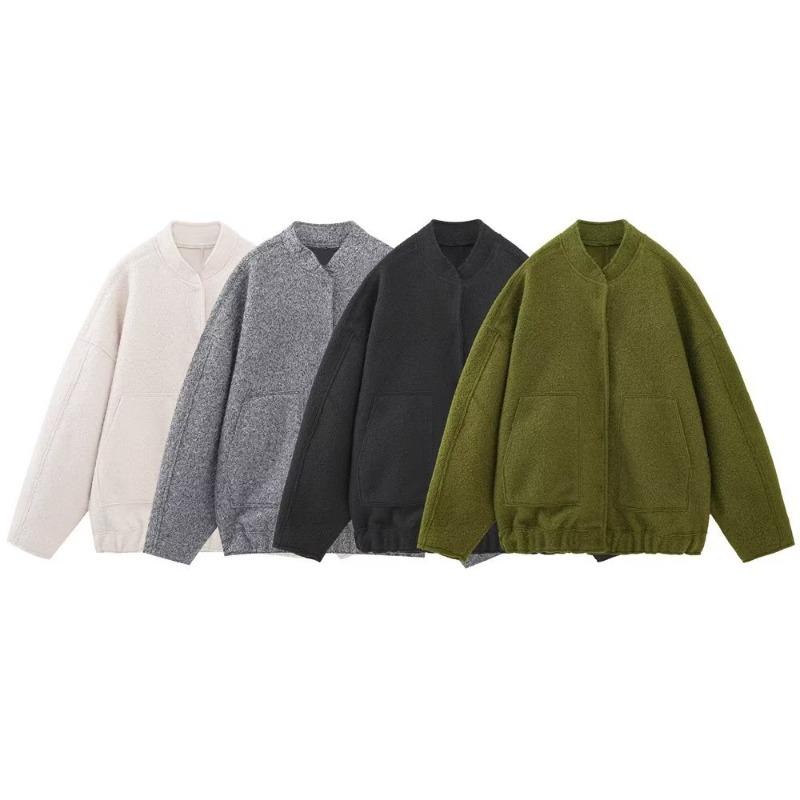 Fashion Solid Bombers Jacken Mantel Frauen Lose Outwear Mit Knopf Langarm Tops Grau Frühling Casual Weibliche Tasche Jacke Ins