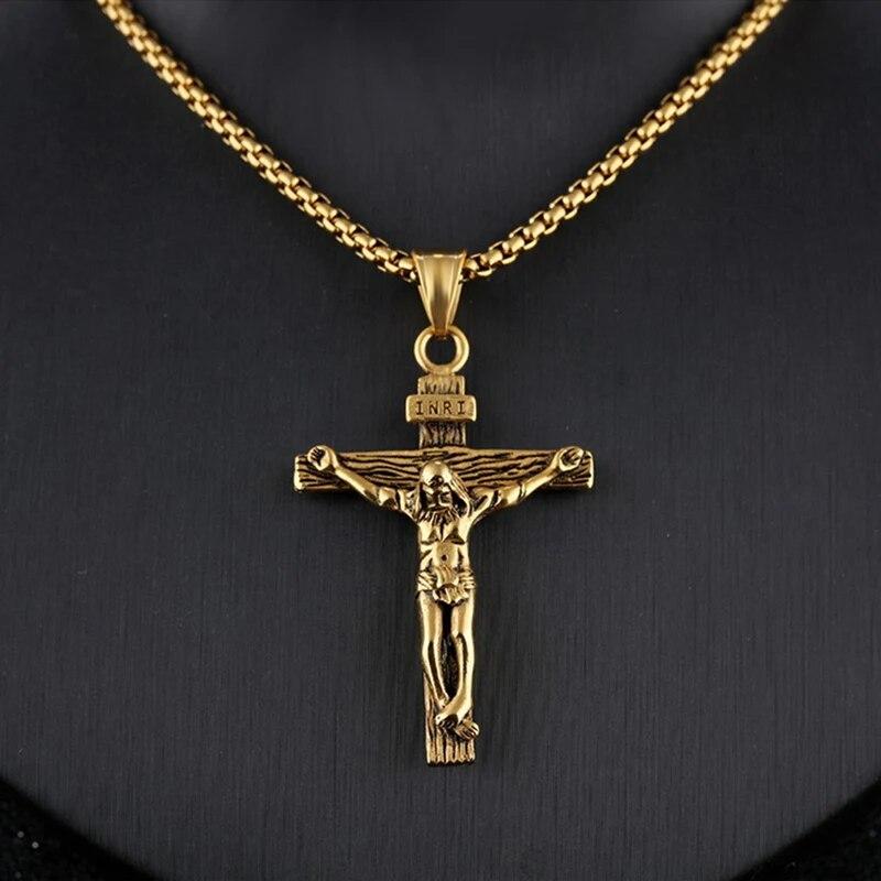 Bijoux Crucifix jésus Christ pour hommes et femmes, couleur or marron argent, pendentif croix en métal avec chaîne de cou, colliers pour hommes et femmes