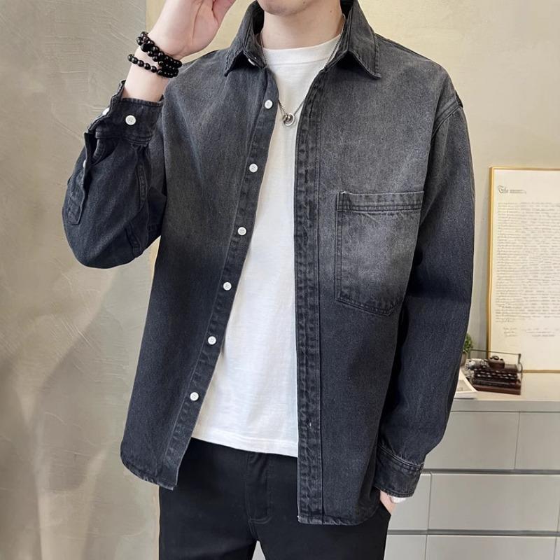 Men's Washed Denim Long Sleeve Shirt Casual Pocket Detail Streetwear Top