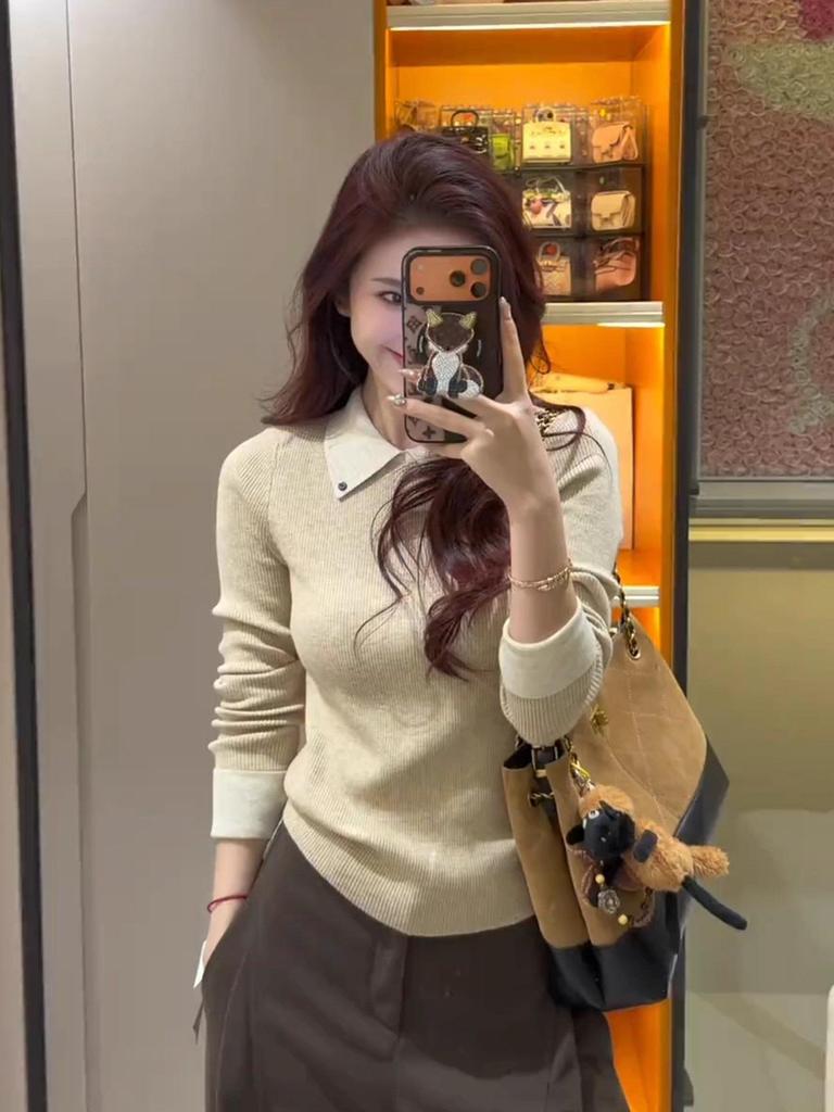 Women's Colorblock Knit Polo Collar Sweater - Faux Two-Piece, Autumn/Winter Base Layer