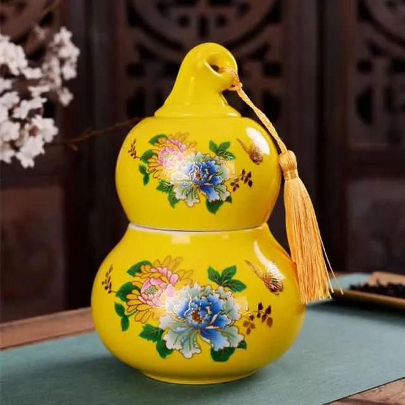 Gourd Shaped Double-layer Tea Caddy Ceramic Tea Storage Tank Non Woven Cover Sealed Tea Can Porcelain Ornaments Nut Storage Pot