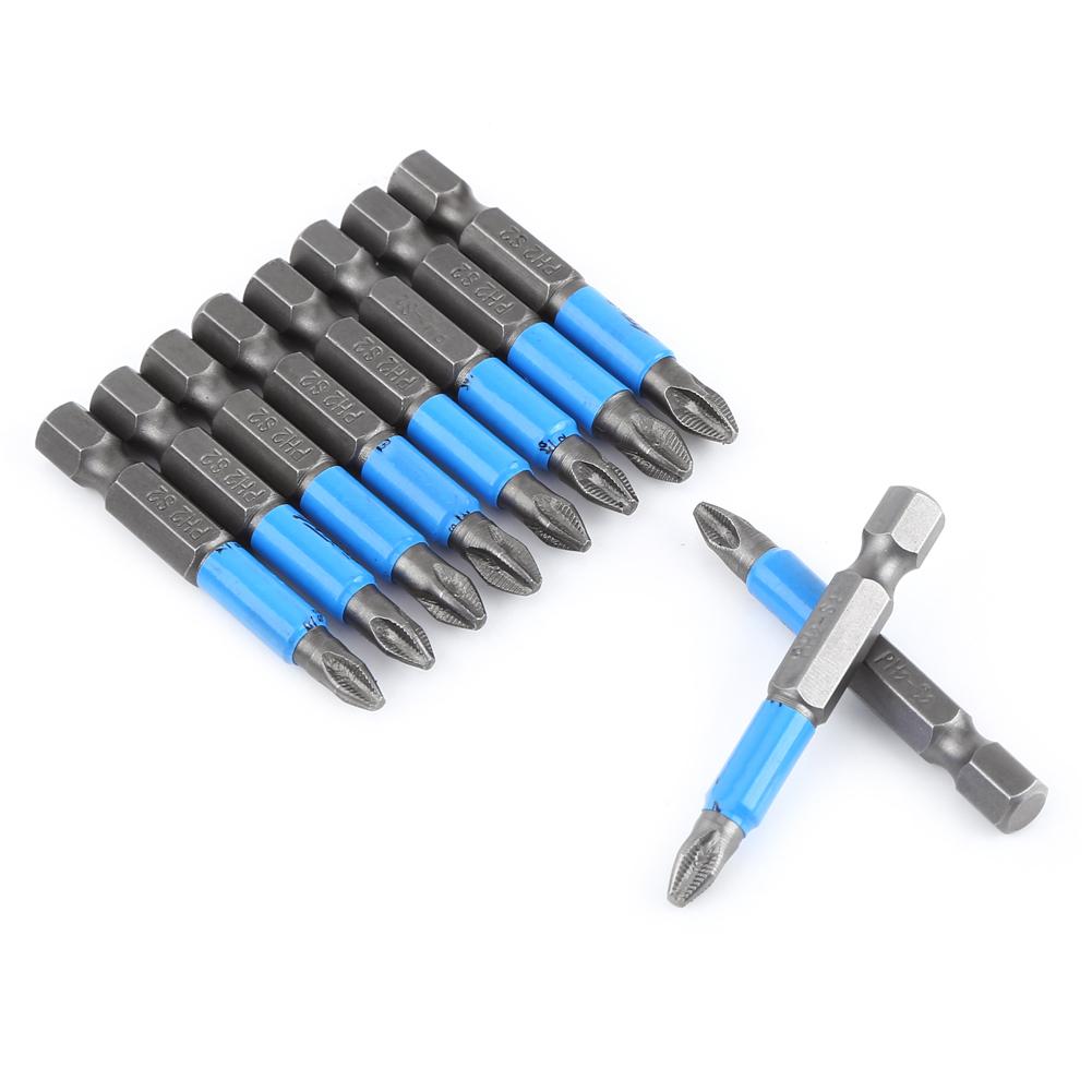 10Pcs Set S2 PH2 50mm Hex Magnetic Anti Slip Electric Screwdriver Bits Power Tools