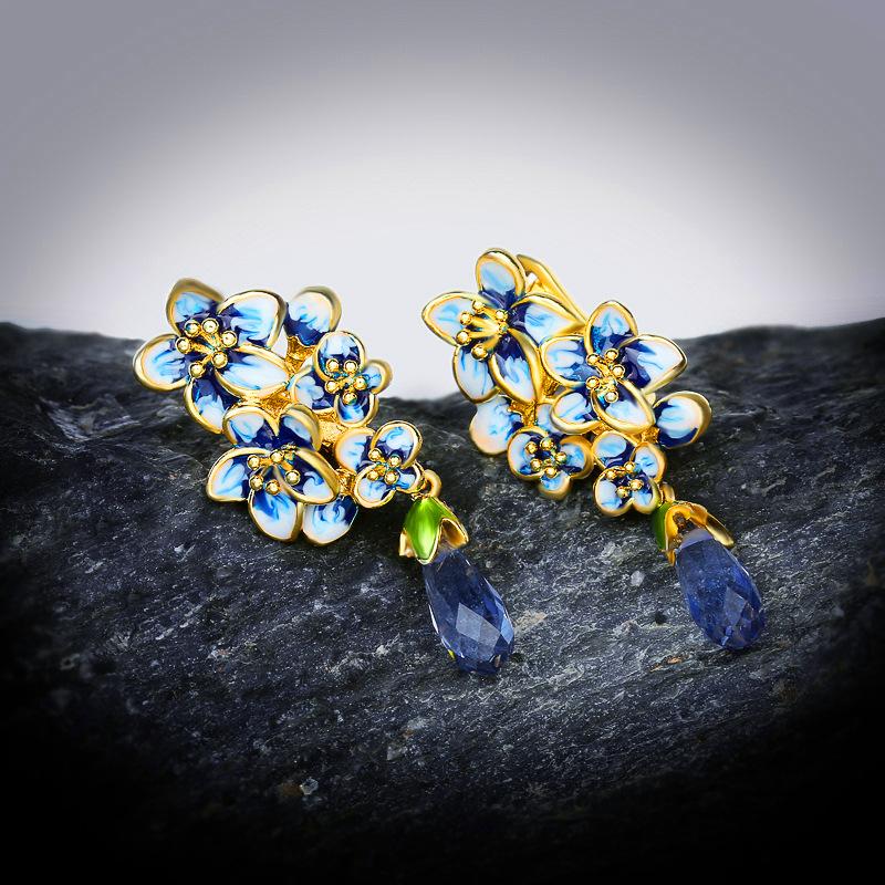 Water Drop Gem Flower Pastoral Sapphire Enamel Wedding Earrings Earrings