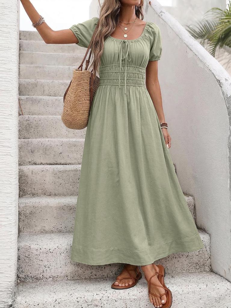 2026 Spring/Summer Elegant French Square Neck Puff Sleeve Long Dress for Women