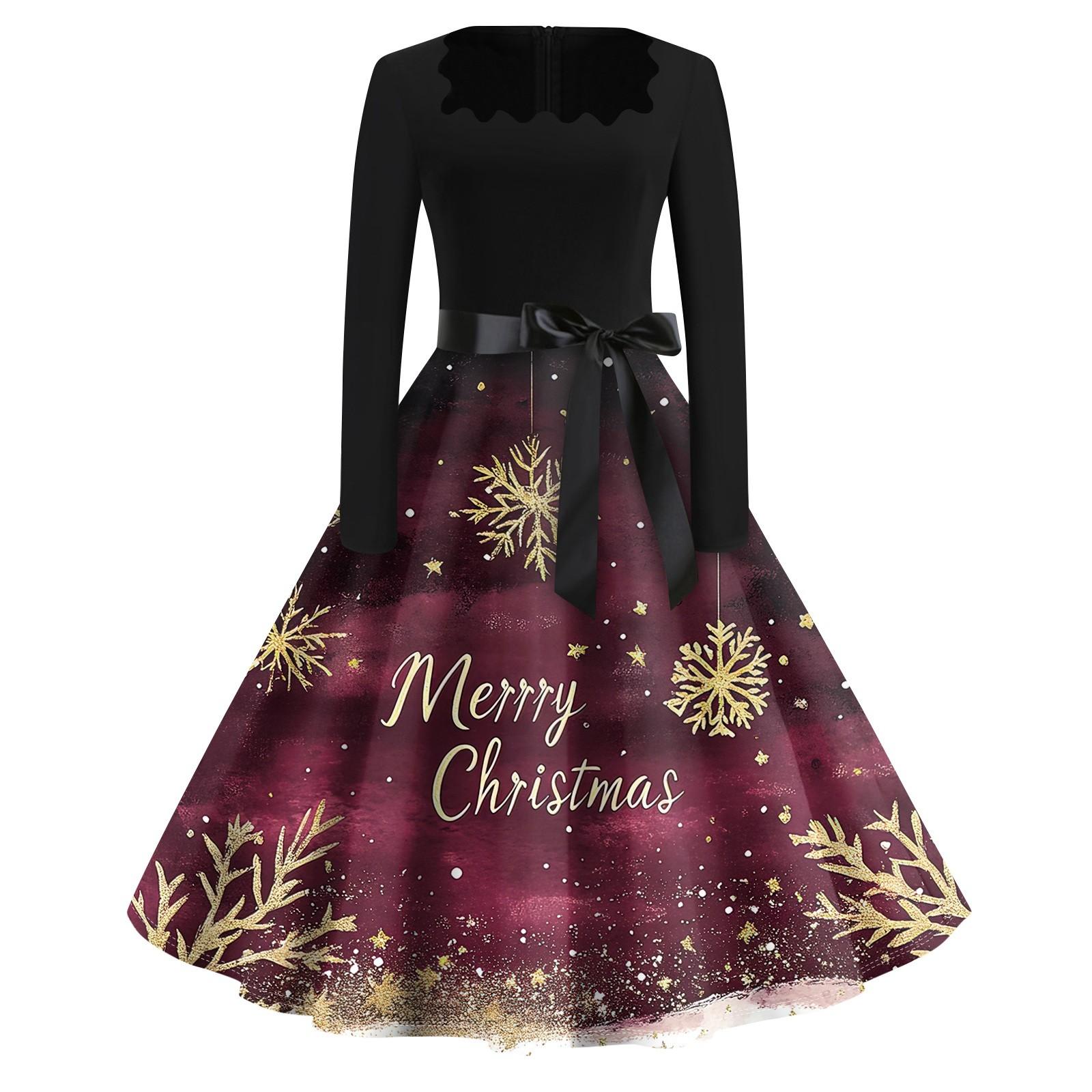 

Рождественский принт расклешенное платье для женщин платье с длинным рукавом ажурное вечернее повседневное платье с квадратным воротником XXL