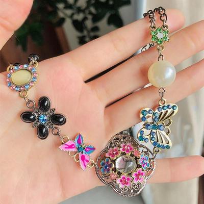 European Retro Colorful Rhinestone Butterfly & Pearl Necklace - Ethnic Style