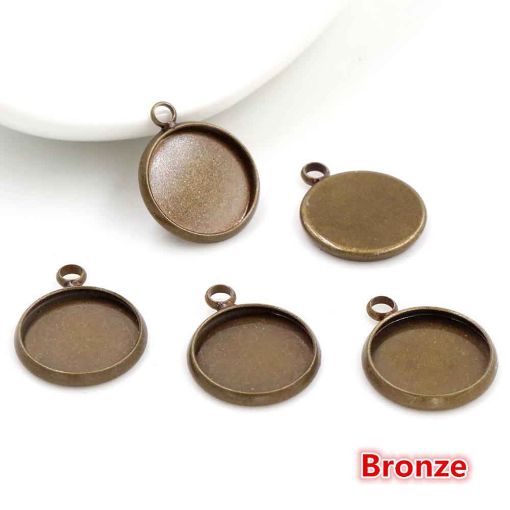 

Brass Material 20pcs/lot 10mm 12mm Inner Size 8 Colors Plated One Loops Style Cabochon Base Cameo Setting Charms Pendant Tray 12mm