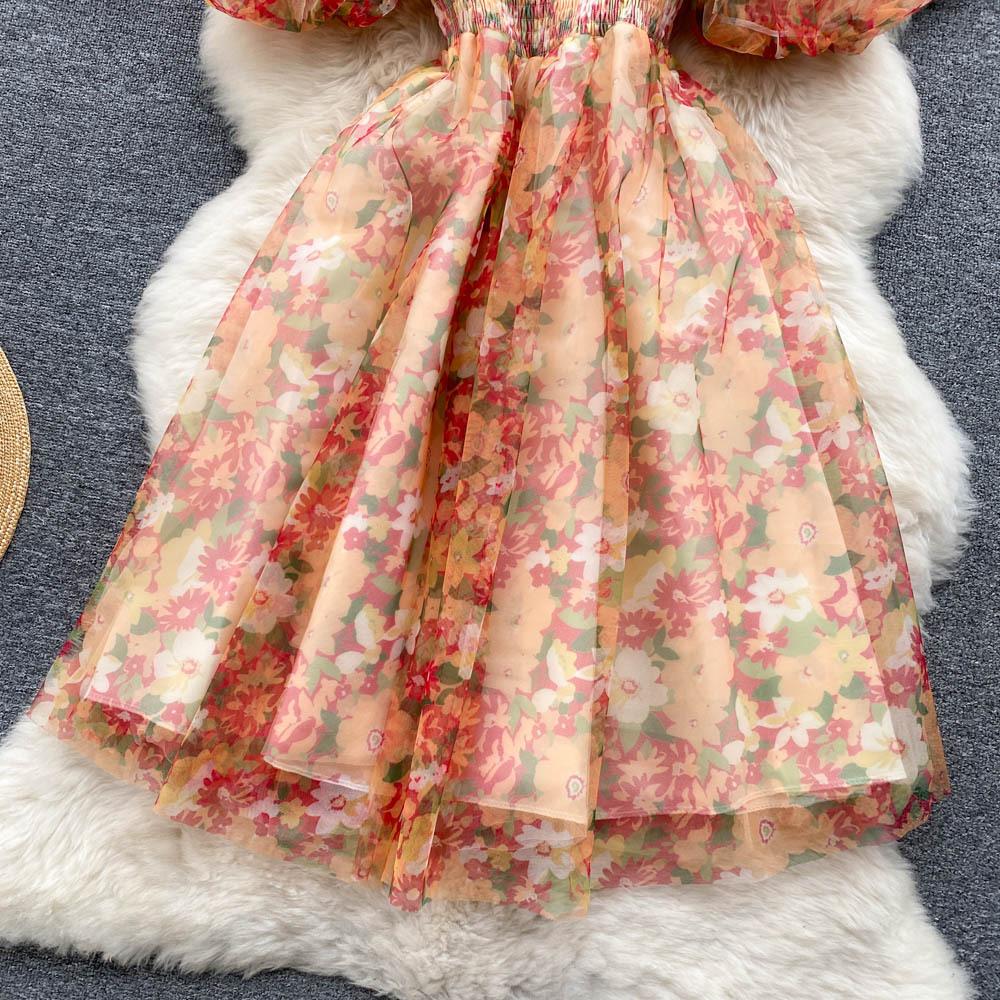 Spleise Mesh Blomstertrykk Kjole Kvinner Sommer Slank Elastisk Midje Firkantet Hals Milde Dame Søte Kjoler