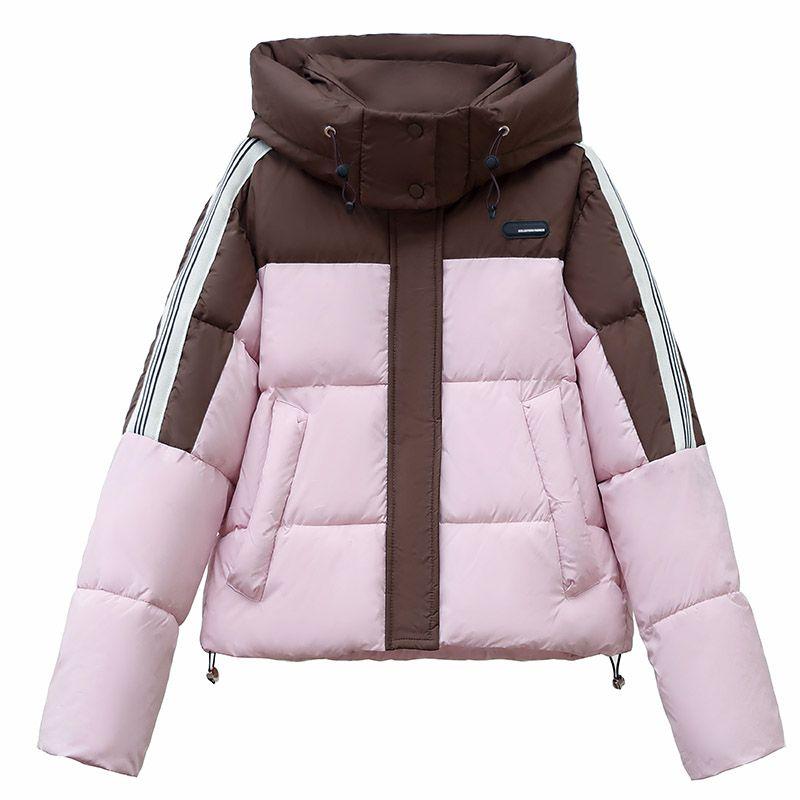 Fashion Color Block Short Cotton Coat Women Hooded Loose Winter Korean Jacket Thick Outwear