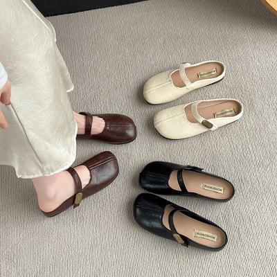 2025 Summer New French Bag Head Flat Bottom Half Slippers Women's Retro Outer Wear Low Heel Mary Jane with Skirt Women's Shoes