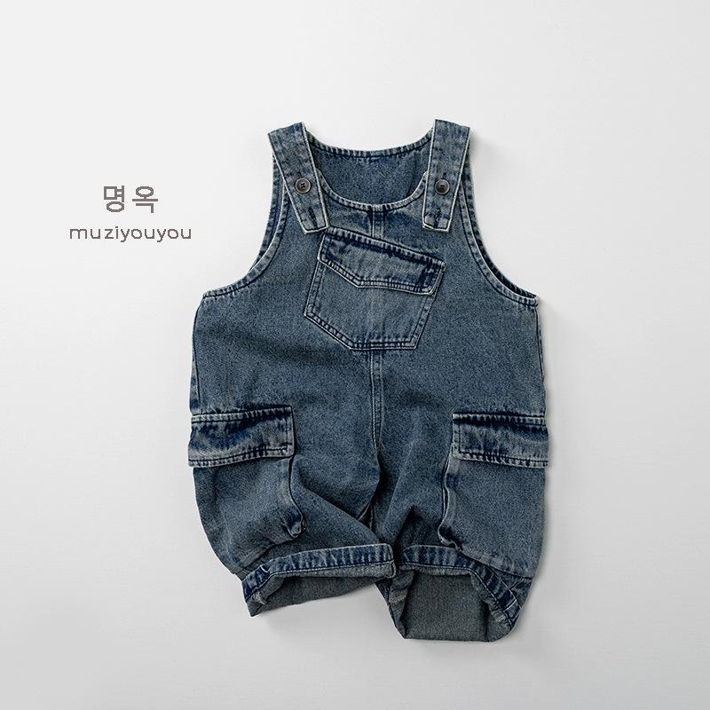 Kids Loose Casual Solid Denim Suspender Long Pants Unisex Baby Korean Style Children Clothing