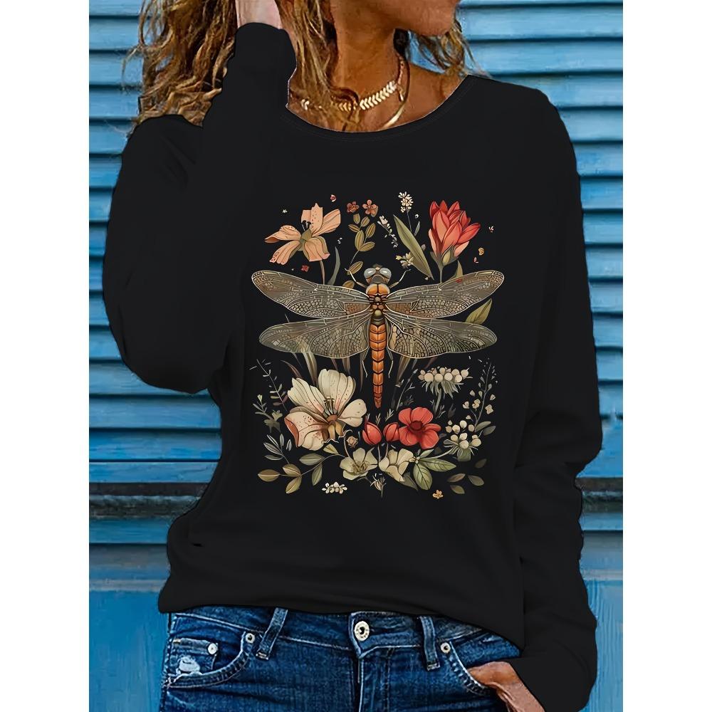 Women's 100% Cotton Long Sleeve T-Shirt Dragonfly Print round Neck Casual Fashion Top for Spring And Autumn
