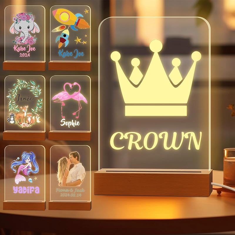 Personalized Night Light for Kids Custom Engraved Name Acrylic LED Lights with Wood Base for Nursery Bedroom Decor Night Lamp, Customized Birthday