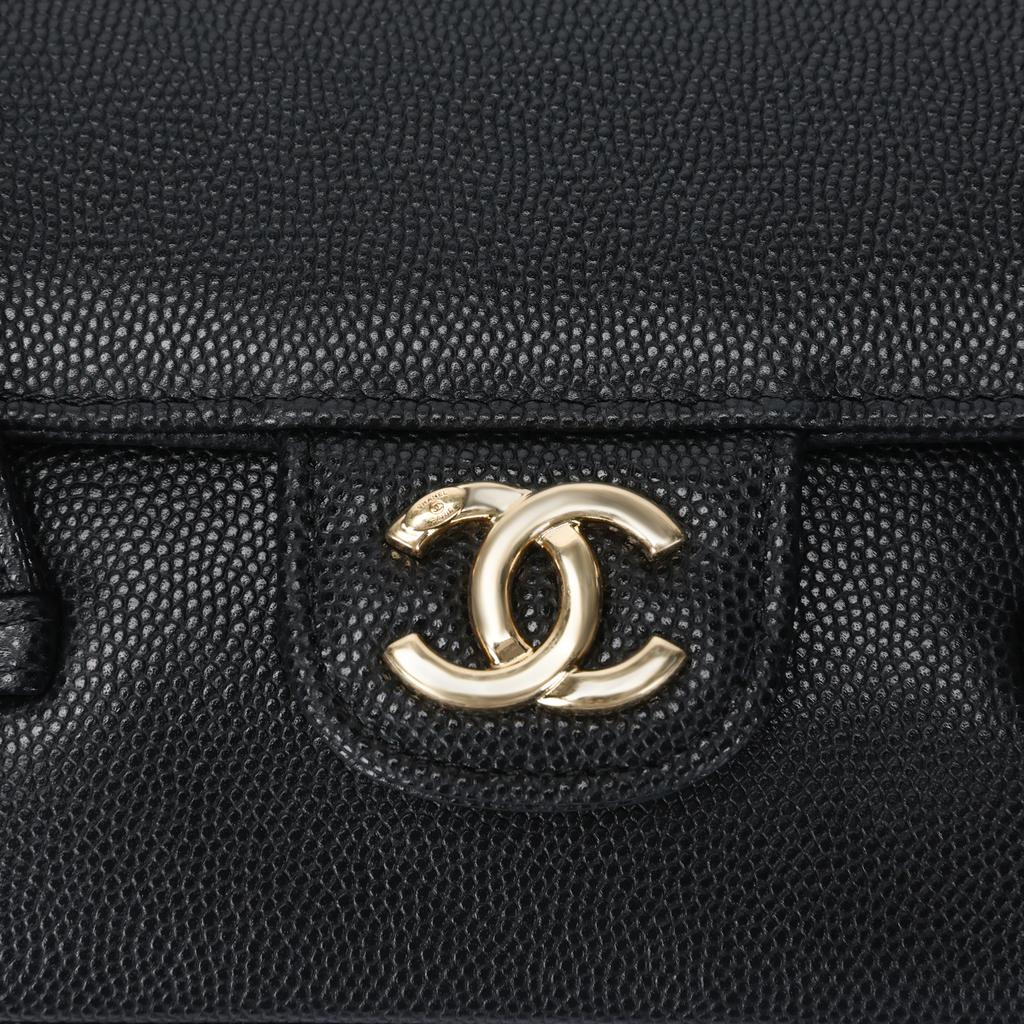 Chanel 26p Gold-Labeled Double C Logo Long Handle Grain Embossed Glossy Calfskin With Gold Metal Handheld Shoulder Bag Mini Female Black