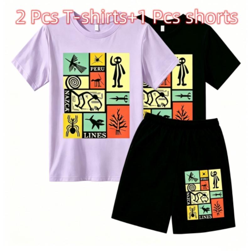Fashion Retro Mysterious Runes Print Outdoor Street Kids T-shirt and Shorts Summer Home Casual Outfit Boy and Girl's Sports Set