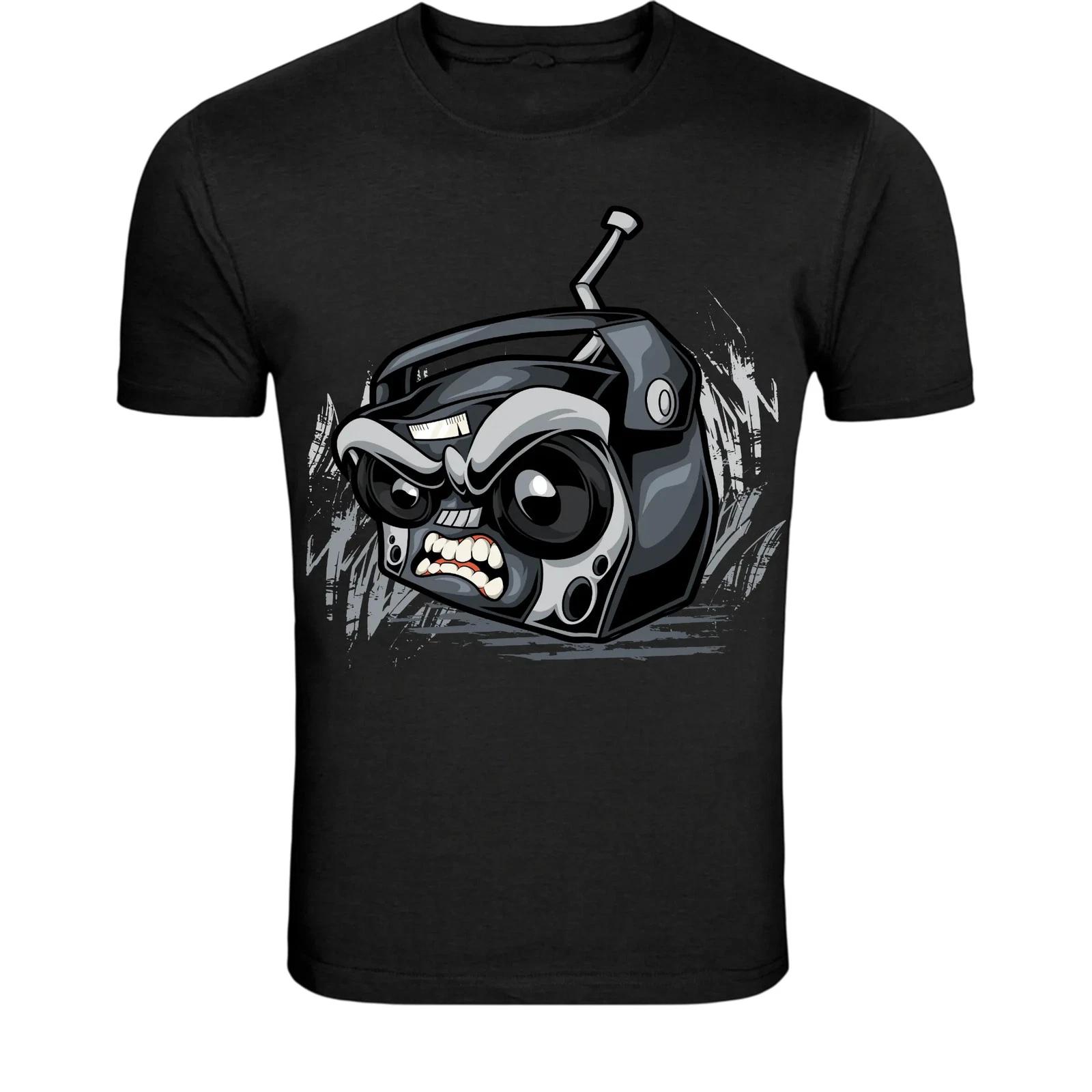 Angry Radio Robot T-Shirt - Retro Tech Cartoon Graphic Tee 2XL