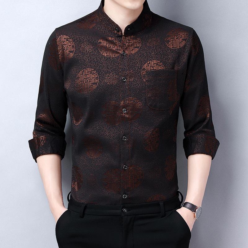 Men's Red Printed Shirt Long-sleeved Autumn Thin Wedding Dress Happy Father-in-law Middle-aged Dad Wedding Banquet Shirt