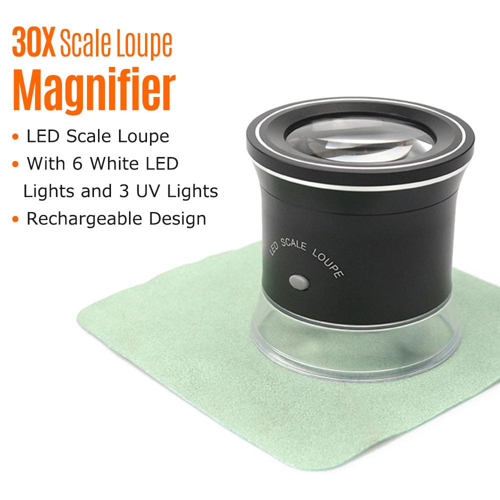 30X LED Scale Loupe Illuminated Magnifier with 6 White 3 UV Lights Rechargeable Magnifying Glass Interchangeable Reticle Scale for PCB Jewelry   St