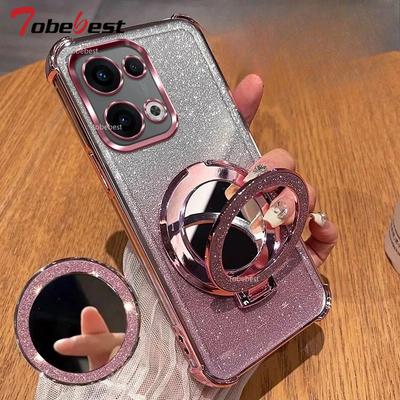 Trblietavý nárazuvzdorný silikónový obal Pre OPPO Reno 13 12 12F 11 11F 10 9 8 7 Pro Plus 4G 5G Zrkadlový magnetický držiak Stojan Mäkký kryt