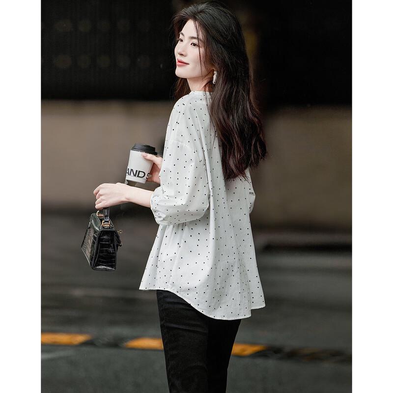 Women's French Style Polka Dot V-Neck Cotton Blouse