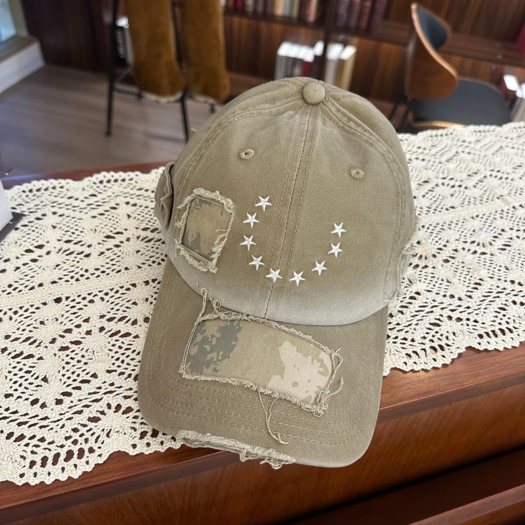 Japanese Style Distressed Hole Star Embroider Baseball Cap for Women Easiest for Matchretro Distressed Big Head Circumference Face Showing Small Peake