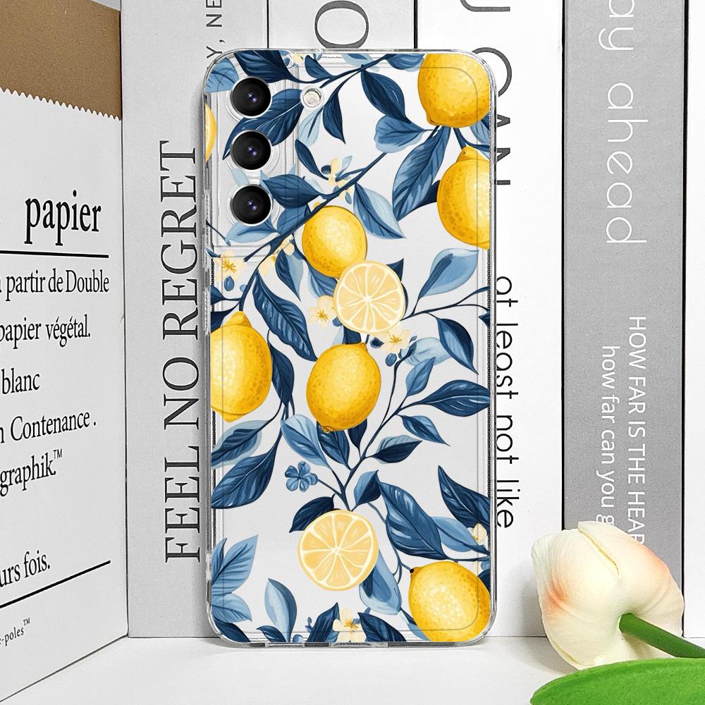 Blue Leaf Yellow Lemon Fresh Printed Clear Phone Case for Samsung Galaxy S26 S25 Ultra S24 S23 S22 Plus S21 FE S20 5G Soft Cover