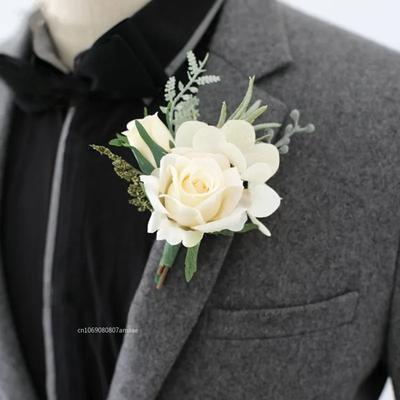 1pc Boutonnieres Flowers Artificial White Roses Silk Ivory Corsage Buttonhole Groomsmen Boutonniere for Men Wedding Supplies