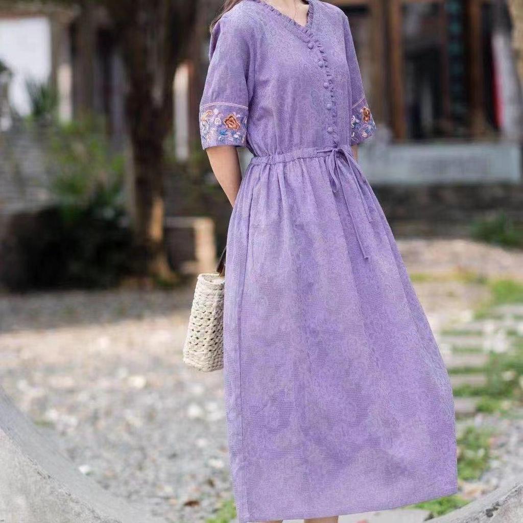Retro Ethnic Embroidered Cotton Jacquard Midi Dress - Slim Fit, Cinched Waist, Trendy Summer Style