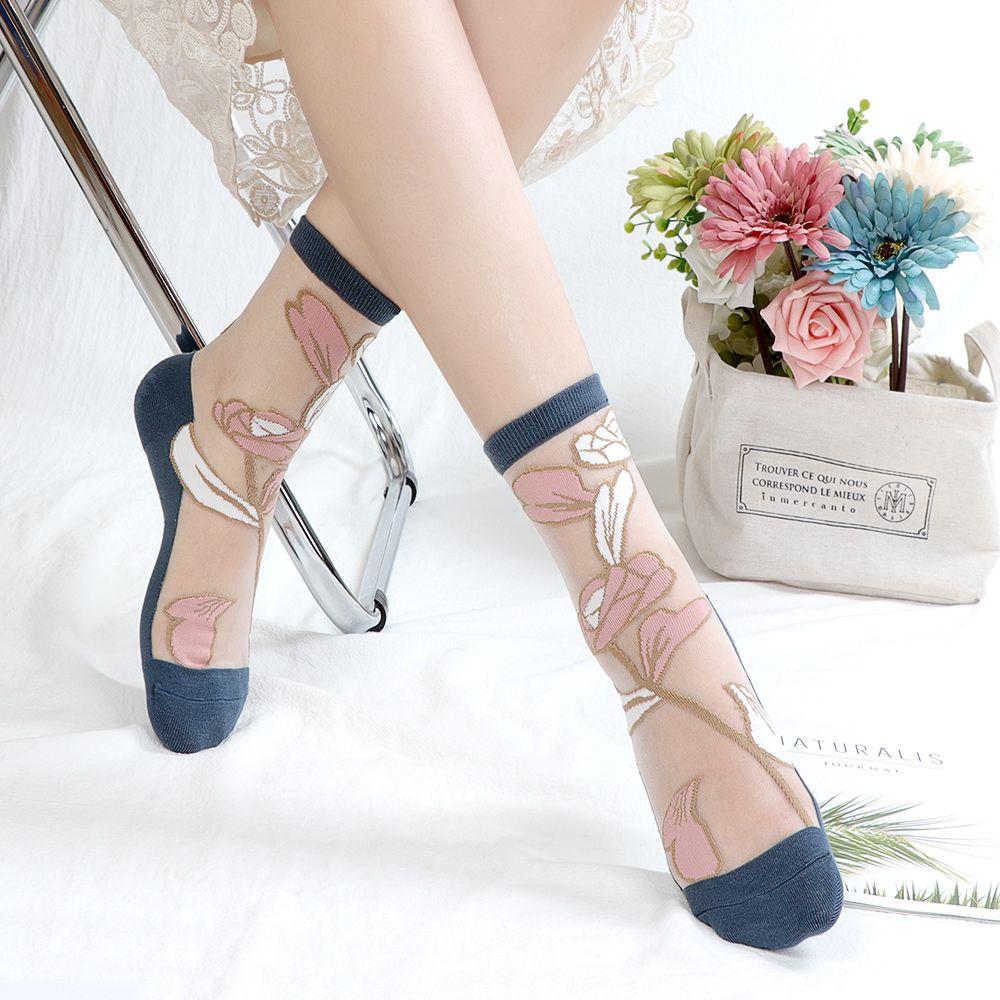 3 Pairs Women's Thin Summer Stockings Transparent Crystal Silk Long Tube Wear-resistant Cotton Sole Anti Slip Retro Ice Stockings