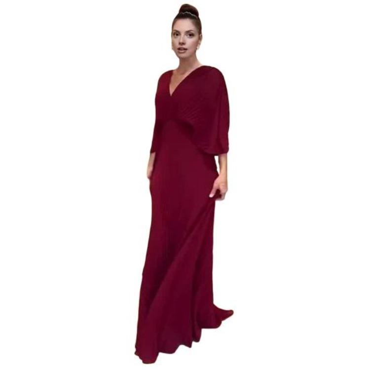 Womens V Neck Wedding Guest Dress High Waist Chiffon Maxi Dress Batwing Sleeve Flowy A Line Pleated