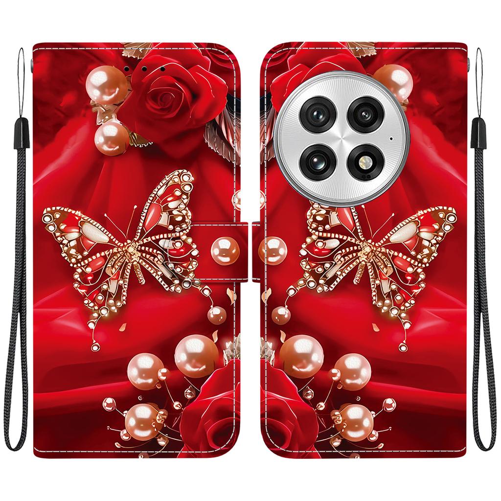 Handmade PU Leather Flip Case for OnePlus 13 Anti-Slip Shockproof Cover with Wrist Strap & Heart/Rose Cat Designs