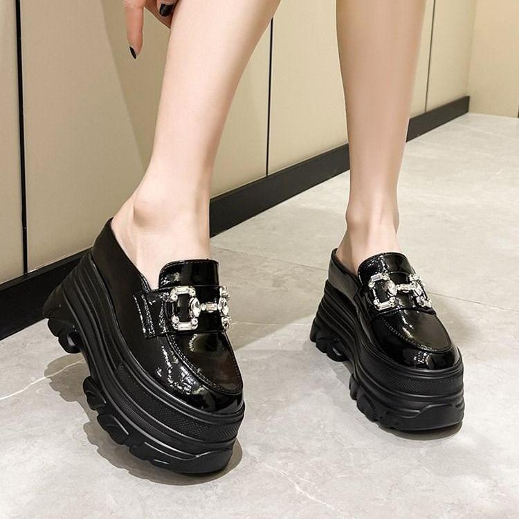 2025 New Bag Head Thick-soled Half-slippers Women's Inner Height Increase Without Heel Rhinestone Small Leather Shoes Muffin Lazy Cool Slippers
