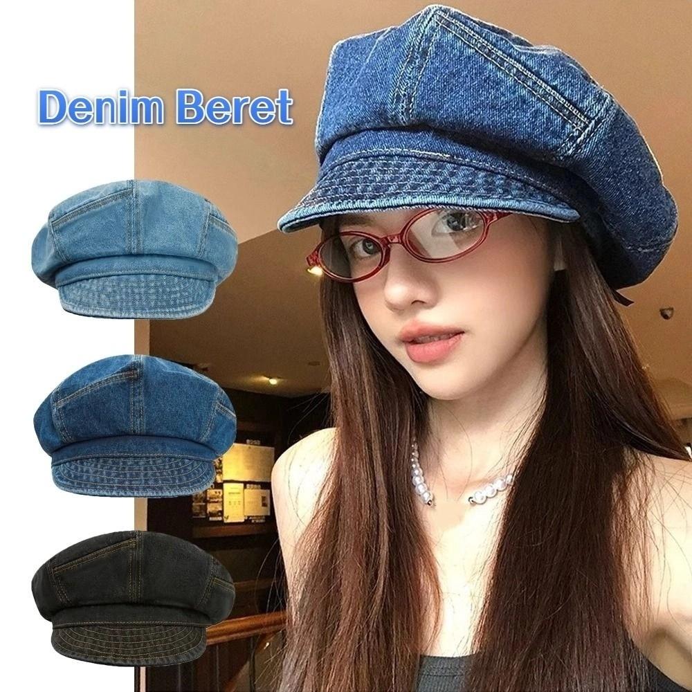 Cloud Octagonal Cap Vintage Peaked Hat Korean Washed Denim Beret  Women
