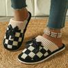 Cozy Checkered Slip-On Slippers with Bow Soft Indoor Slippers Checkered Pattern Knit Construction Slippers for Indoor Use