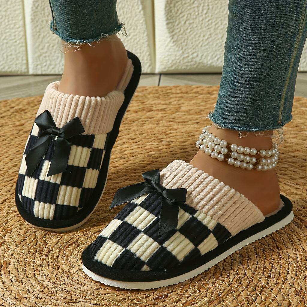 Cozy Checkered Slip-On Slippers with Bow Soft Indoor Slippers Checkered Pattern Knit Construction Slippers for Indoor Use
