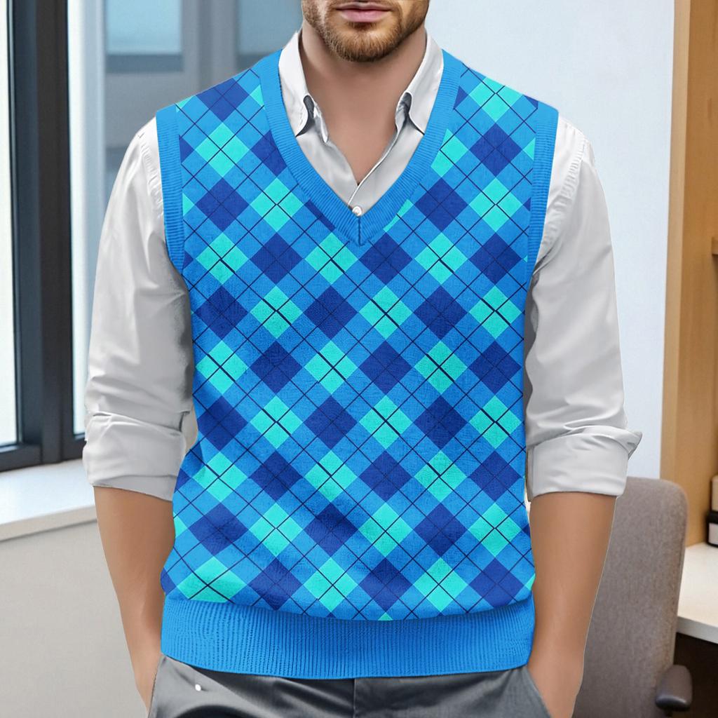 Men's Plaid Printed Sleeveless V-neck Vest Knit Jumper