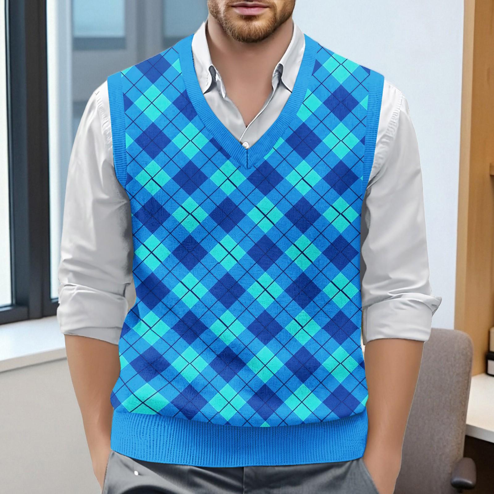 

Мужской жилет без рукавов с клетчатым принтом и V-образным вырезом, вязаный джемпер L синий