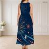 Women Plus Size Round Neck Triple Keyhole Cutout Sleeveless Firework Printed Navy Maxi Dress