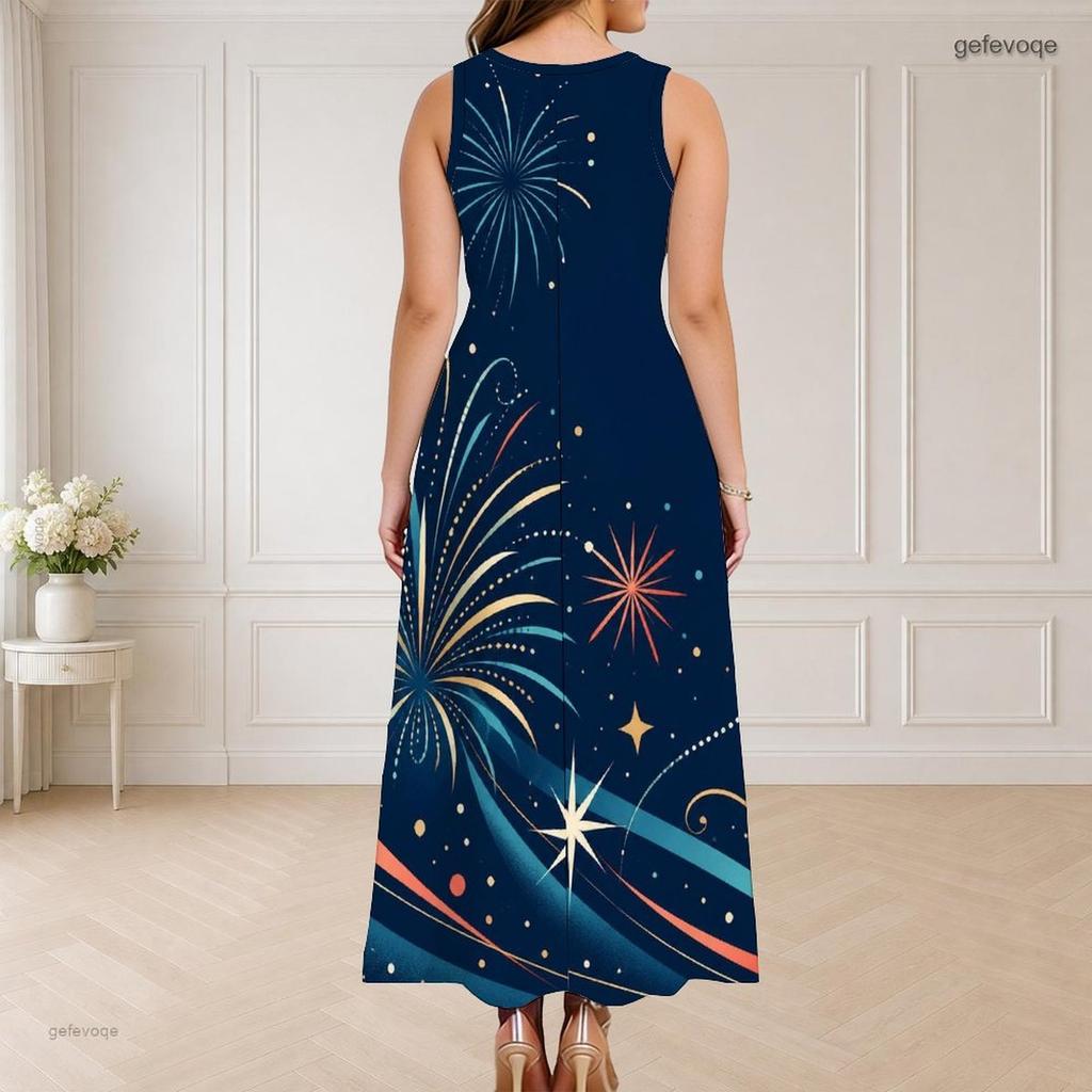 Women Plus Size Round Neck Triple Keyhole Cutout Sleeveless Firework Printed Navy Maxi Dress