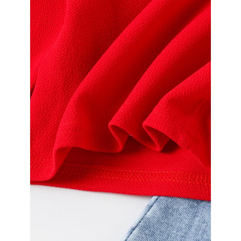 Spring and Autumn New Style Infant Toddler Girl Red Long Sleeve + Cherry Print Denim Skirt Set