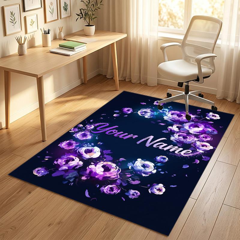 Floral Garden Theme Crystal Velvet Rug Personalized Custom Name Text Soft Floor Mat Home Decor
